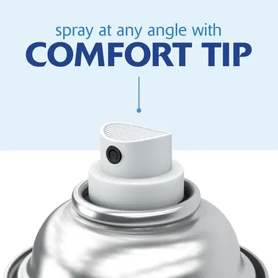 Highlights the product's comfort tip feature that allows spraying at any angle, reassuring shoppers of ease of use and ergonomic design.