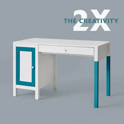 Provides a clean, catalog-style view of the desk product showing its design, color scheme, and storage features without distractions.