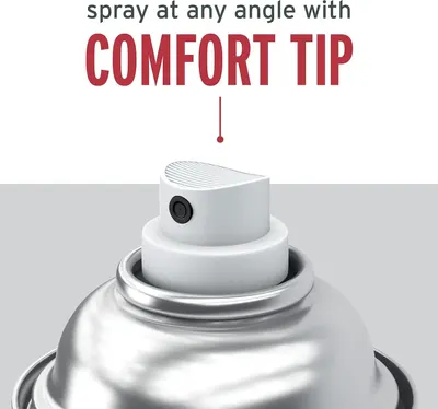 Highlights the comfort tip feature of the spray nozzle, emphasizing that it allows the user to spray at any angle for ease of use and ergonomic application. Communicates the key benefit that the…