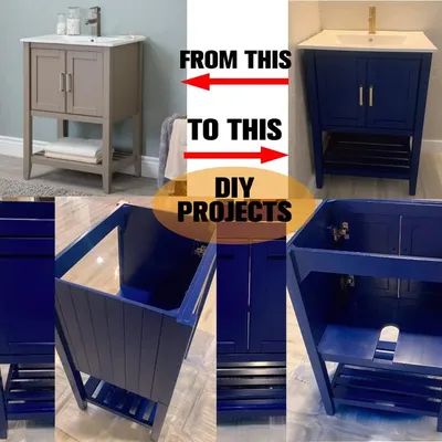Demonstrates the transformation of a bathroom vanity from its original gray finish to a vibrant blue DIY makeover, showing customers the product's potential for customization and inspiring DIY…