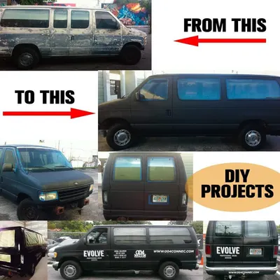 Demonstrates the dramatic transformation of a van from a damaged, worn-out state to a professionally restored vehicle, showcasing the effectiveness of DIY restoration work or professional services.