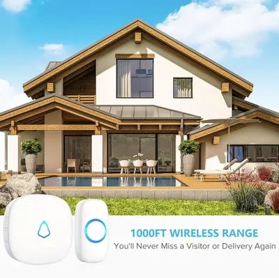 Communicates the impressive wireless range capability of the doorbell system, reassuring shoppers they won't miss visitors or deliveries even in large properties. Highlights the key benefit of…