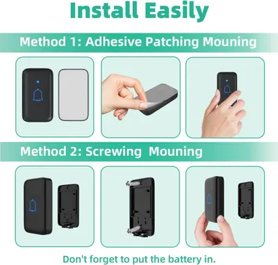 Demonstrates step-by-step installation instructions for the doorbell, showing two different mounting options (adhesive and screwing) to reassure shoppers that setup is simple and flexible.