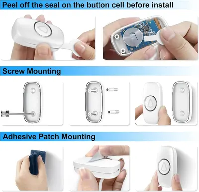 This image provides step-by-step installation guidance, showing shoppers how to prepare the button cell battery and offering two mounting methods (screw mounting and adhesive patch) to reassure them…