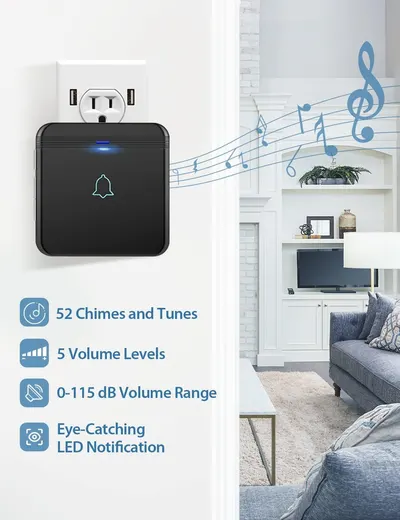 Communicates the doorbell chime's versatility and customization options, reassuring shoppers they can adjust sound and volume to their preferences and receive visual alerts.
