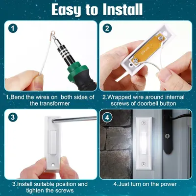 Demonstrates the simple 4-step installation process for the doorbell button to reassure shoppers that setup is quick and straightforward, even without technical expertise.