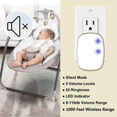 Communicates multiple technical features and benefits of the wireless doorbell or chime device, emphasizing its versatility with silent mode, adjustable volume, extensive wireless range, and visual…
