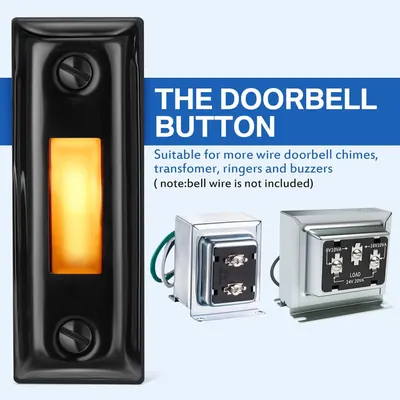 Highlights the doorbell button component and shows the compatible transformers/chimes it works with, helping shoppers understand what the product is and what additional components it's compatible…