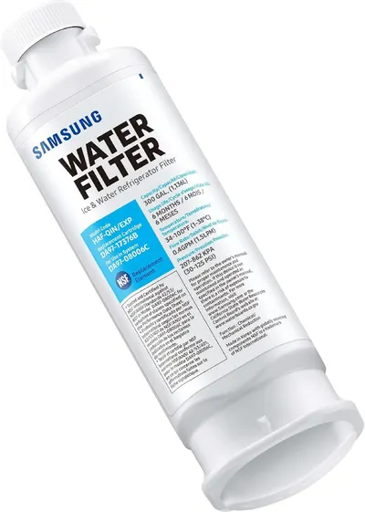 Provides a clean, catalog-style view of the Samsung water filter product showing the brand, model numbers, and compatibility information on the packaging.