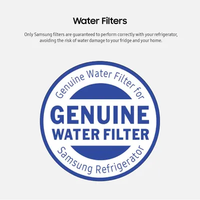 Communicates brand authenticity and trust by emphasizing that only genuine Samsung filters are guaranteed to work correctly and safely with Samsung refrigerators, avoiding water damage risks.