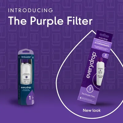 Introduces the new packaging design for the Purple Filter product line, showing both old and new versions to communicate the brand refresh and help customers recognize the updated look.