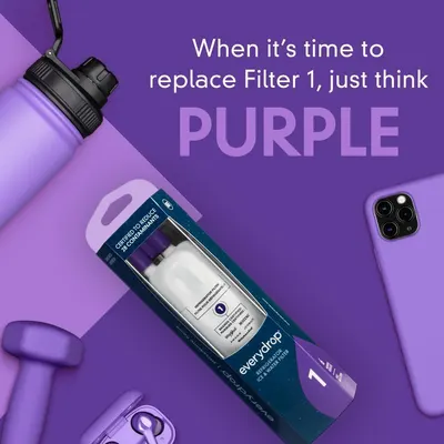 Communicates the brand's color-coded filter replacement system (purple = Filter 1) to make maintenance simple and memorable for shoppers.