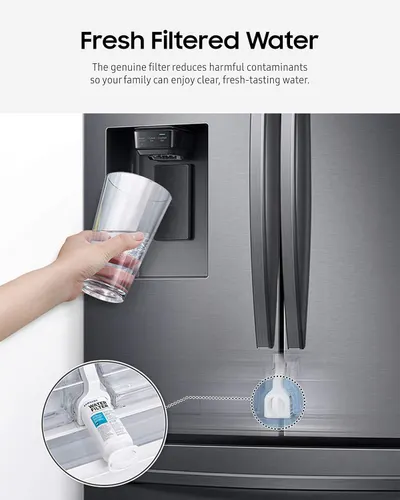 Communicates that the refrigerator's genuine water filter provides clean, fresh-tasting water by reducing harmful contaminants, reassuring shoppers about water quality and family health. Shows where…