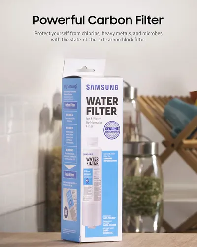 Communicates the key benefit of the water filter's carbon filtration technology, reassuring shoppers that it protects against chlorine, heavy metals, and microbes for safer drinking water.