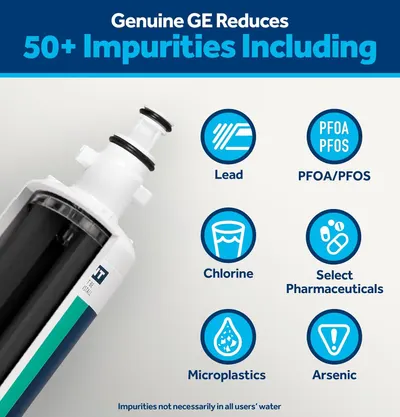 Communicates the comprehensive water filtration capabilities of the Genuine GE filter by showcasing multiple contaminants it removes, reassuring shoppers of clean, safe drinking water.