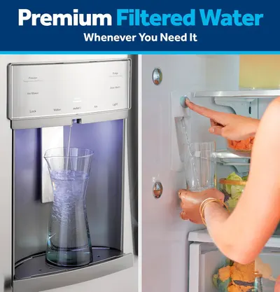 Demonstrates the refrigerator's built-in filtered water dispenser feature, emphasizing convenience and access to premium filtered water on demand.