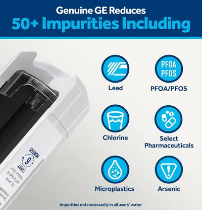 Communicates the comprehensive filtration capabilities of the Genuine GE water filter by showcasing multiple specific contaminants it removes, reassuring shoppers about water safety and quality.
