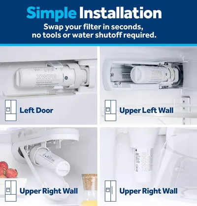 Demonstrates how easy it is to install the water filter by showing multiple possible installation locations inside a refrigerator, reassuring shoppers that no tools or water shutoff are required.…