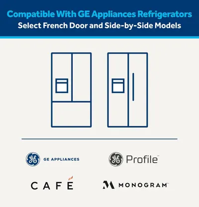 Communicates that this product is compatible with select GE Appliances French Door and Side-by-Side refrigerator models, reassuring shoppers about fit and compatibility across multiple GE brand lines.