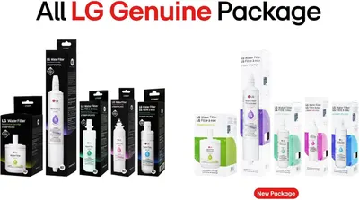Shows the complete range of LG genuine water filter products and packaging options available, reassuring shoppers of authenticity and helping them understand the full product lineup included.
