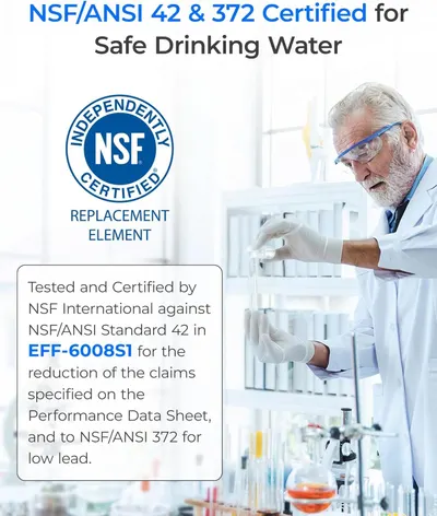 Communicates that the product is independently certified for safe drinking water and low lead content, providing reassurance about water quality and safety standards.
