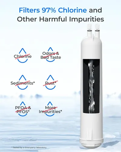 Communicates the product's high filtration performance with a specific quantifiable stat to reassure shoppers about water quality and safety. Showcases multiple distinct filtration benefits in a…