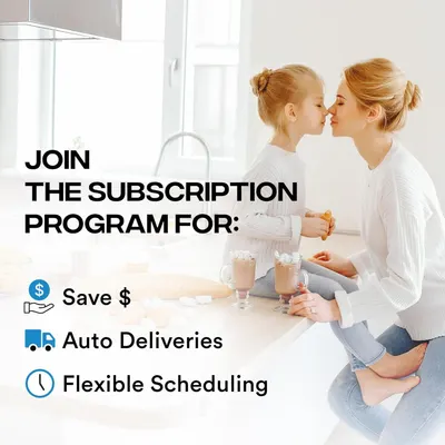 Promotes a subscription program by highlighting three distinct benefits: cost savings, automatic delivery convenience, and flexible scheduling options to encourage shoppers to subscribe.