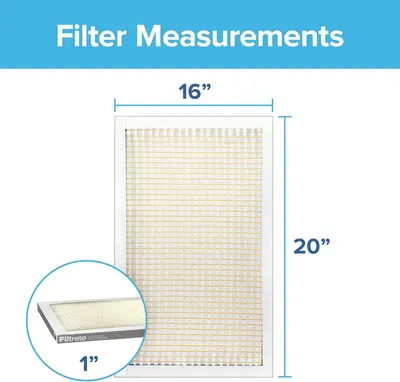Communicates the exact physical dimensions of the filter (16 inches by 20 inches by 1 inch) to help shoppers verify compatibility with their HVAC system or air purifier.