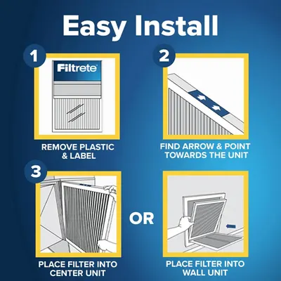 Demonstrates the simple 3-step installation process for the Filtrete air filter, reassuring shoppers that setup is quick and straightforward.