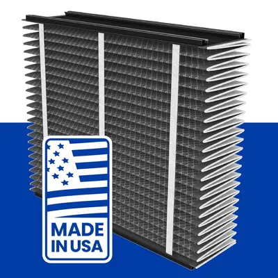 Shows the internal construction and layered structure of the filter to demonstrate quality and engineering, while the Made in USA badge reinforces manufacturing origin and quality assurance.…