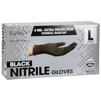 Communicates multiple key benefits of the nitrile gloves including extra thickness for protection, chemical resistance, powder-free comfort, and latex-free safety to help shoppers quickly understand…