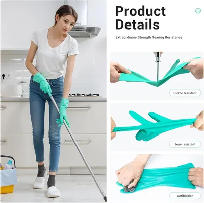 Demonstrates the durability and strength of the cleaning gloves through multiple visual tests, reassuring shoppers that the product can withstand tough cleaning tasks without tearing or puncturing.