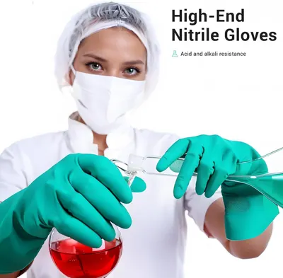 Communicates that these high-end nitrile gloves provide chemical resistance, reassuring shoppers they are safe for laboratory and industrial use involving acids and alkalis.