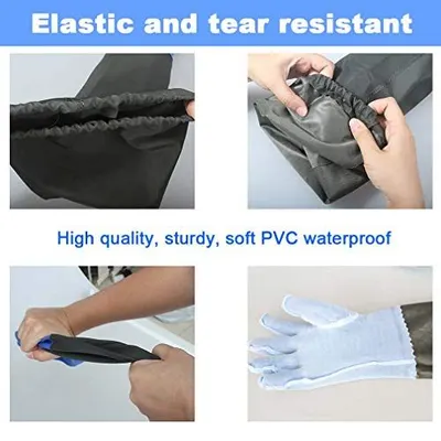 Communicates multiple key product benefits including durability (elastic and tear resistant), waterproof protection, and quality materials through a segmented visual layout to reassure shoppers of…