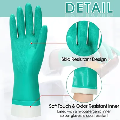 This image breaks down the glove's key physical features using zoom-in callouts to highlight the textured grip surface and the hypoallergenic inner lining, reassuring shoppers about functionality…