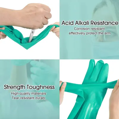 Communicates multiple key benefits of the protective gloves through visually segmented panels, highlighting chemical resistance, durability, and material quality to reassure shoppers of…