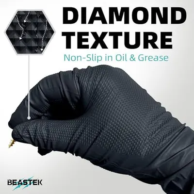Highlights the diamond-textured grip surface that prevents slipping in oil and grease, reassuring users of secure handling in challenging work conditions.