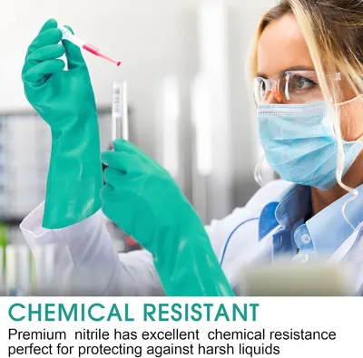 Communicates that the premium nitrile gloves provide excellent chemical resistance to protect users against harsh liquids, reassuring shoppers about safety and durability in laboratory or industrial…