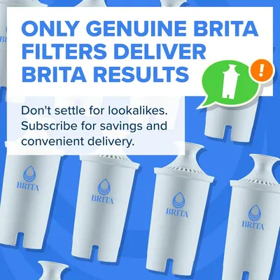 Emphasizes that only genuine Brita filters deliver authentic Brita results, warning shoppers against lookalike products and promoting the brand's subscription service for savings and convenience.