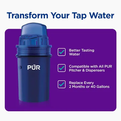 Communicates three distinct benefits of the PUR water filter in a segmented checklist layout: improved taste, universal compatibility with PUR systems, and clear replacement guidance.