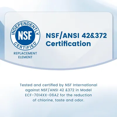 Communicates that the replacement element is independently certified by NSF International for safety and water quality standards, reassuring shoppers of its effectiveness and trustworthiness.