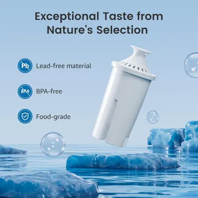 Communicates that the water filter is made from safe, non-toxic materials to reassure health-conscious shoppers about product safety and quality. Highlights three distinct safety certifications in a…