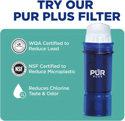 Communicates multiple distinct benefits of the PUR Plus Filter through a segmented layout with certification badges and icons, reassuring shoppers of the product's safety, environmental…