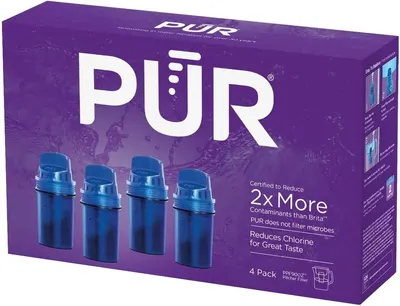 Communicates multiple key benefits of the PUR water filters, emphasizing superior contaminant reduction compared to competitors, chlorine reduction for better taste, and microbe filtering capability…