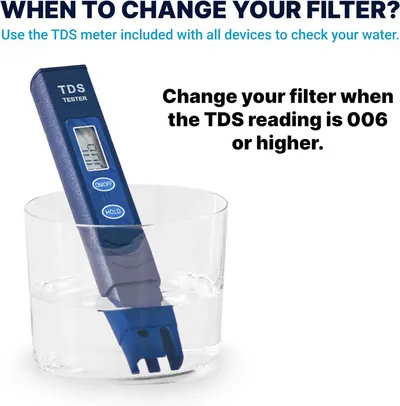 Instructs shoppers on when to change the water filter by using the included TDS meter to test water quality, providing a clear maintenance guideline.
