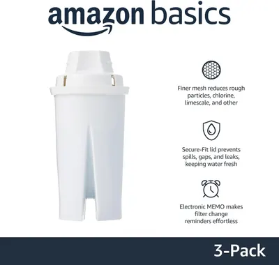Communicates three distinct product benefits in a segmented layout to show shoppers why this water filter is effective, leak-proof, and convenient to maintain.