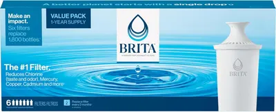 Communicates multiple key benefits including environmental sustainability (replaces 1,800 bottles), value (1-year supply), filtration effectiveness (reduces chlorine, mercury, copper, cadmium), and…
