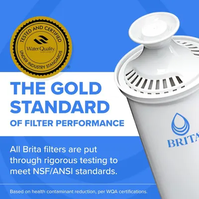 Communicates that the Brita filter meets rigorous industry safety and quality standards, reassuring shoppers of the product's certification and health safety…