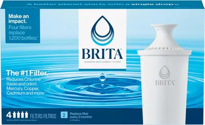 Communicates multiple key benefits of the Brita filter: its environmental impact (replacing 1,200 bottles), its filtration capabilities (reduces chlorine,…