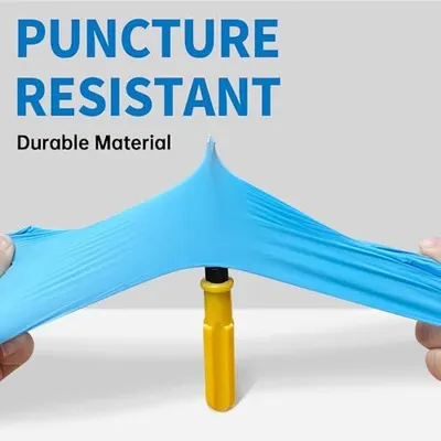 Demonstrates the product's puncture-resistant durability by showing the material being stretched over a sharp object without tearing, reassuring shoppers of its strength and longevity.